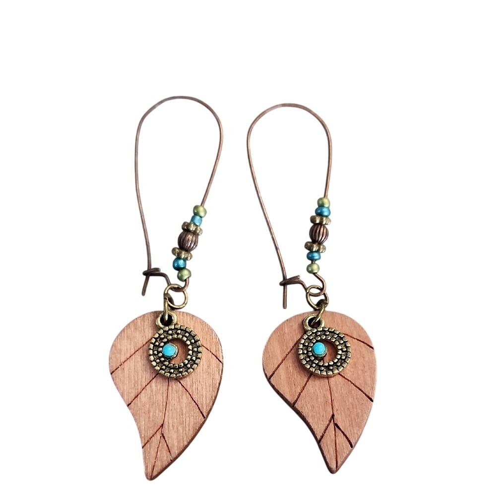 Leaf-Shaped Wooden Earrings‎ with Turquoise Accents